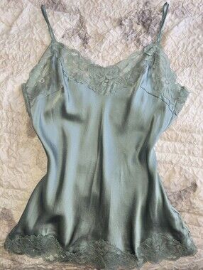 ☁️ Luxury Silk Gold Hawk tank top cami in sage green seafoam with lace size S